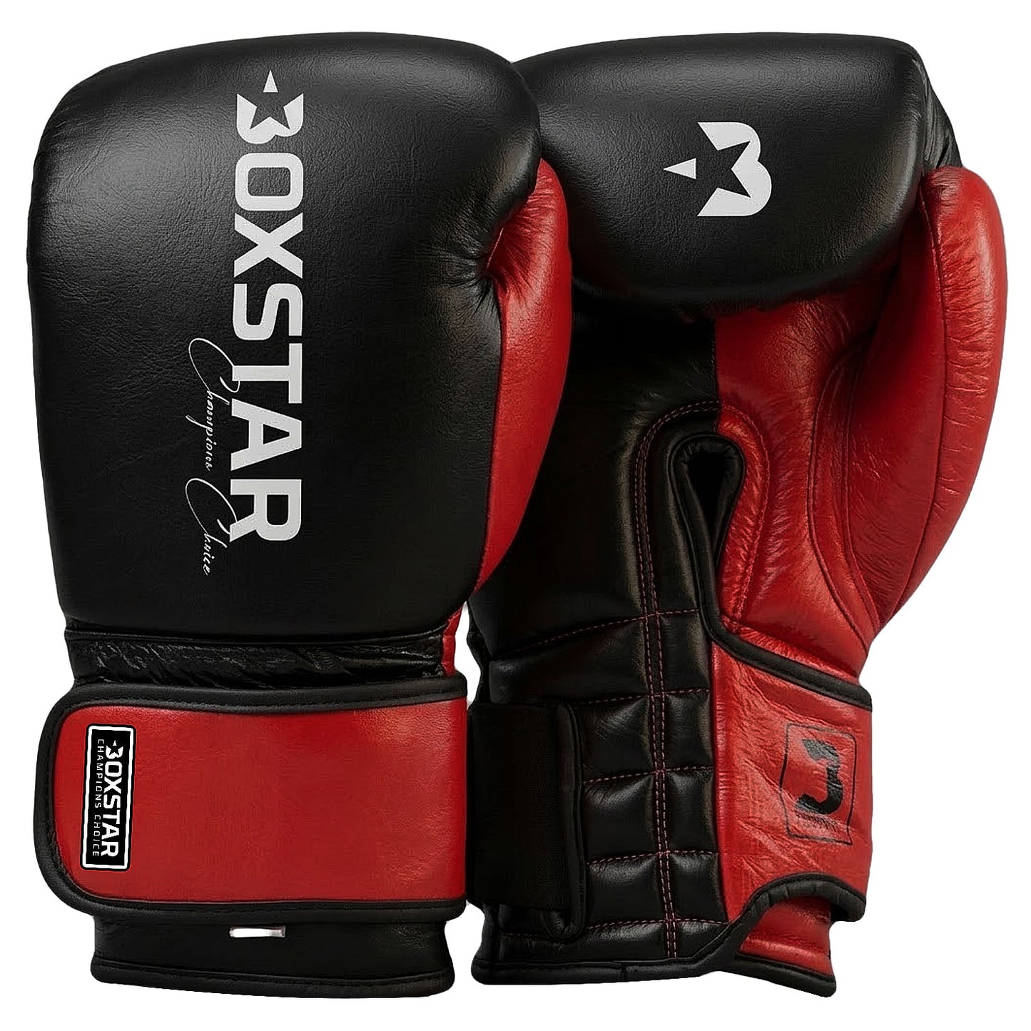 Black and red boxing gloves with 'Boxstar' branding on a white background