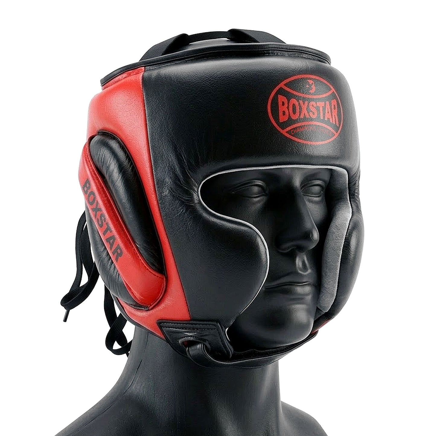 Black and red boxing headgear on a mannequin head with 'Boxstar' branding.