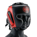 Black and red boxing headgear on a mannequin head with 'Boxstar' branding.