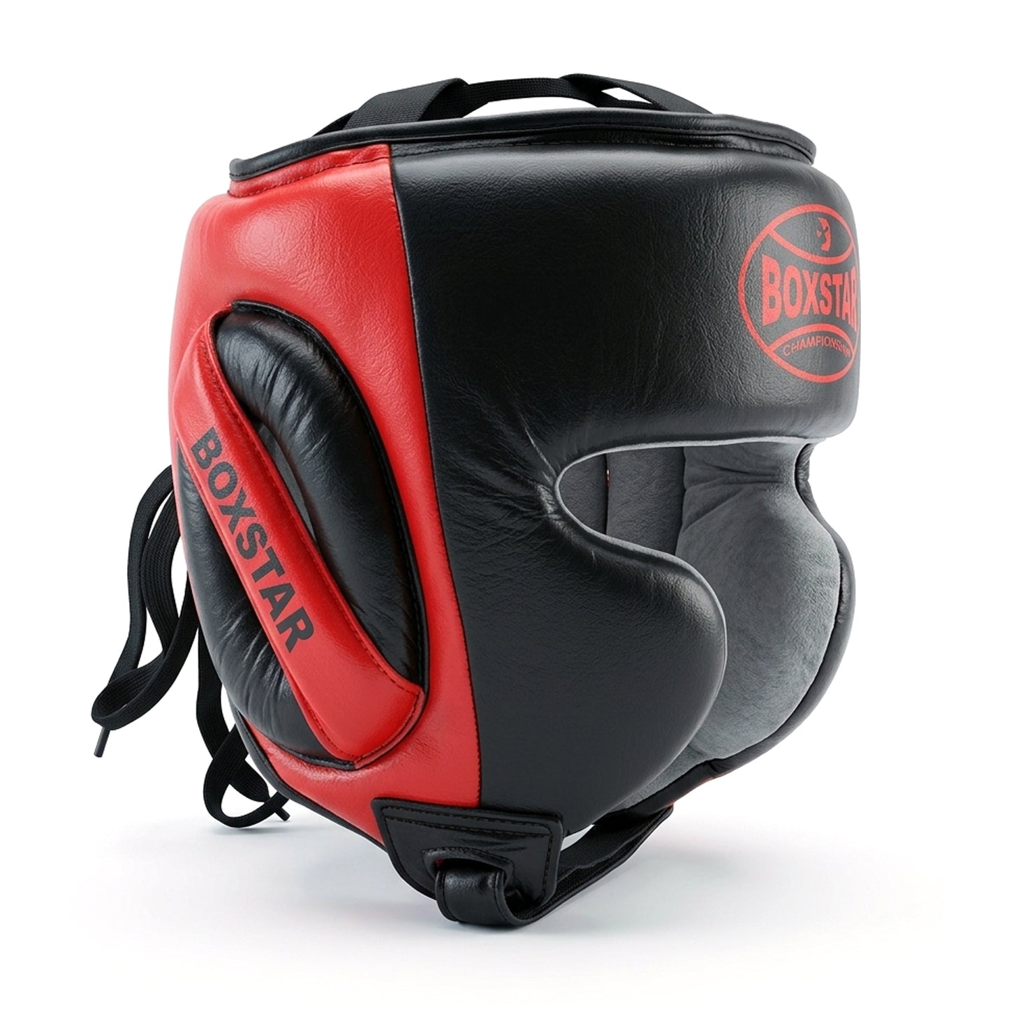 Black and red boxing headgear with 'Boxstar' branding on a white background